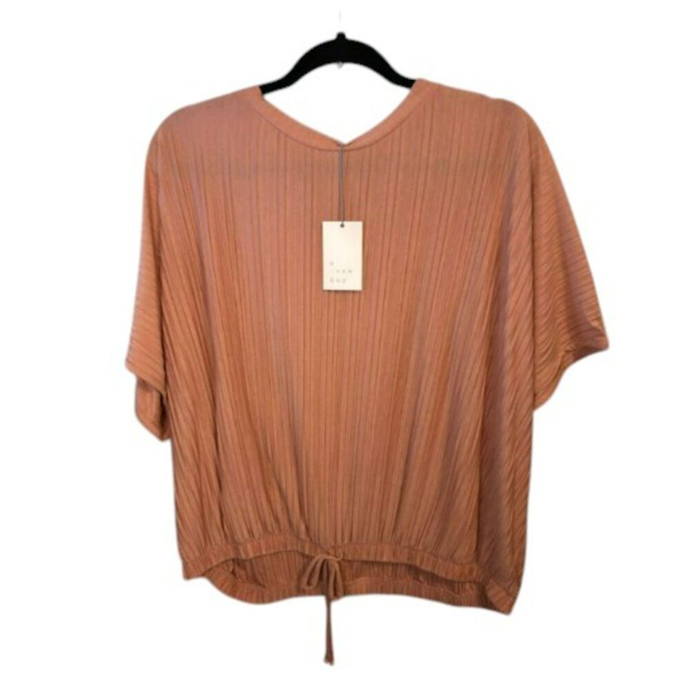 A New Day Ribbed Knit Top Rust Pleated Tee Short Sleeve Textured Blouse